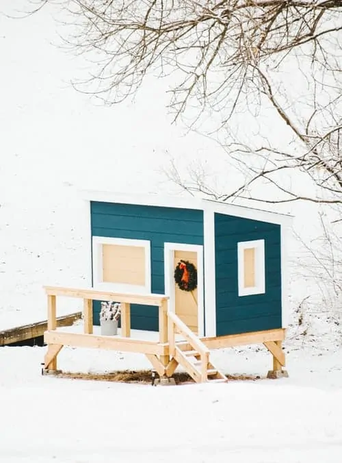 Pic 3 a blue dog house with a ramp and stairs in snow